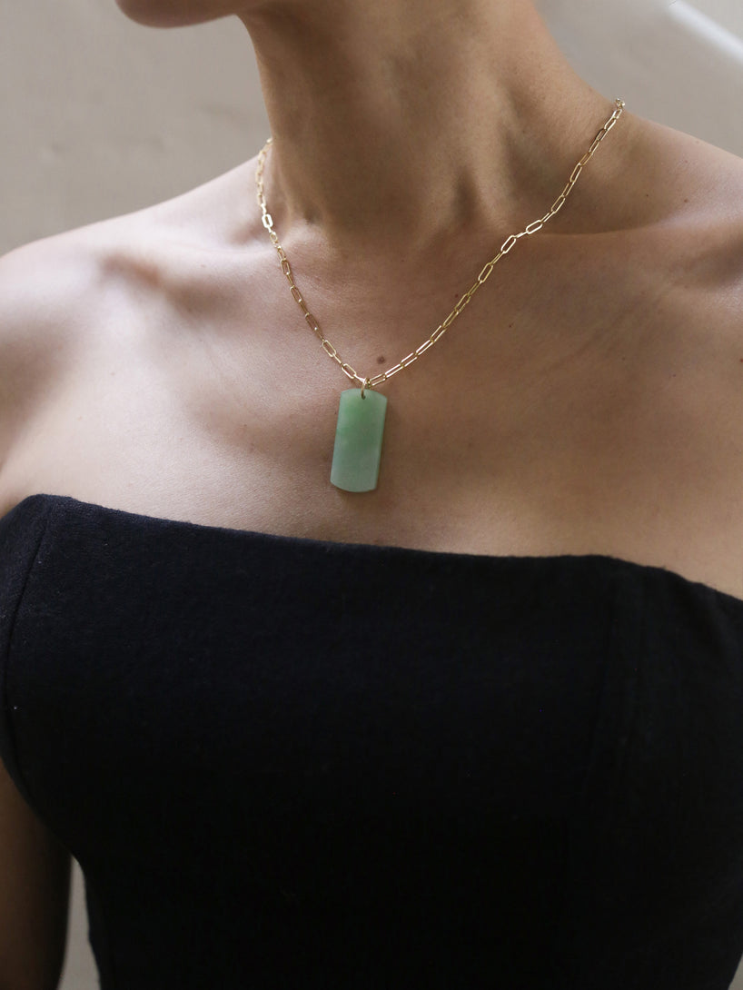 14k Paperclip Chain with Burmese Jade Dog tag Pendant