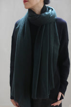 Load image into Gallery viewer, A person with dark hair, wearing a black outfit and a long Tissue Weight Cashmere Scarf in Hunter Green wrapped around their neck. Only the lower half of their face, including red lips, is visible. The background is plain and light-colored.