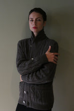 Load image into Gallery viewer, Unisex Shawl-Collar Cable-Knit Cashmere Cardigan in taupe, featuring a shawl collar and front buttons.