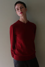 Load image into Gallery viewer, A person wearing a burgundy High V-Neck Cashmere Sweater with long sleeves.