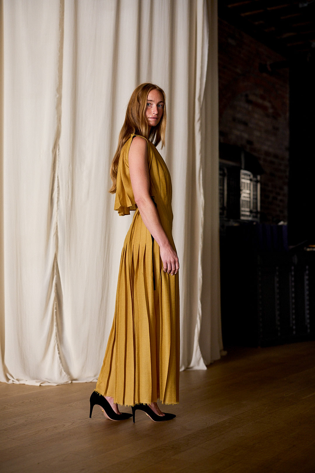 Hand Pleated Column Dress | Japanese Wool Gauze Gold Lan Jaenicke Hand Pleated Column Dress | Japanese Wool Gauze Gold Lan Jaenicke