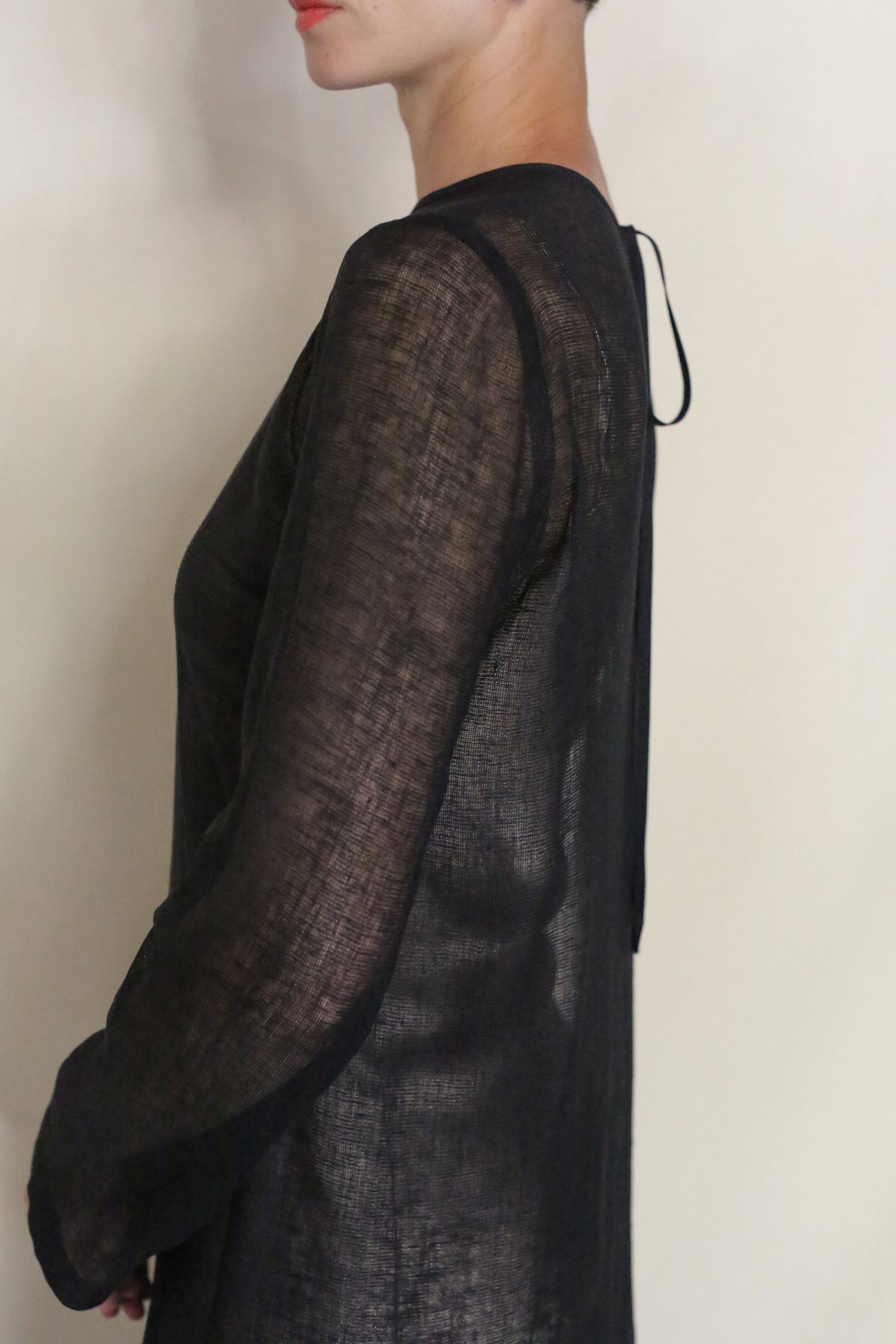 A person stands sideways against a light background, wearing the Leno Crewneck Dress—a sheer black long-sleeve dress with a linen leno-inspired texture. Their head is slightly turned, showing their lips.