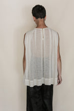 Load image into Gallery viewer, A person with short hair stands with their back to the camera, wearing the Shoulder Pleat Top | Linen Leno Ivory and loose black pants against a neutral background, embodying the effortless style of Handmade San Francisco.