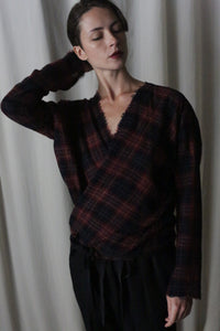 X Blouse With Sleeves | Japanese Wool Gauze Wine Plaid