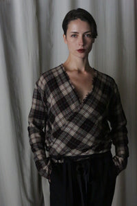 X Blouse With Sleeves | Japanese Wool Gauze Taupe Plaid