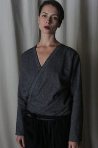 X Blouse With Sleeves | Brushed Cotton Blue Herringbone