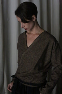 X Blouse With Sleeves | Brushed Cotton Brown Herringbone