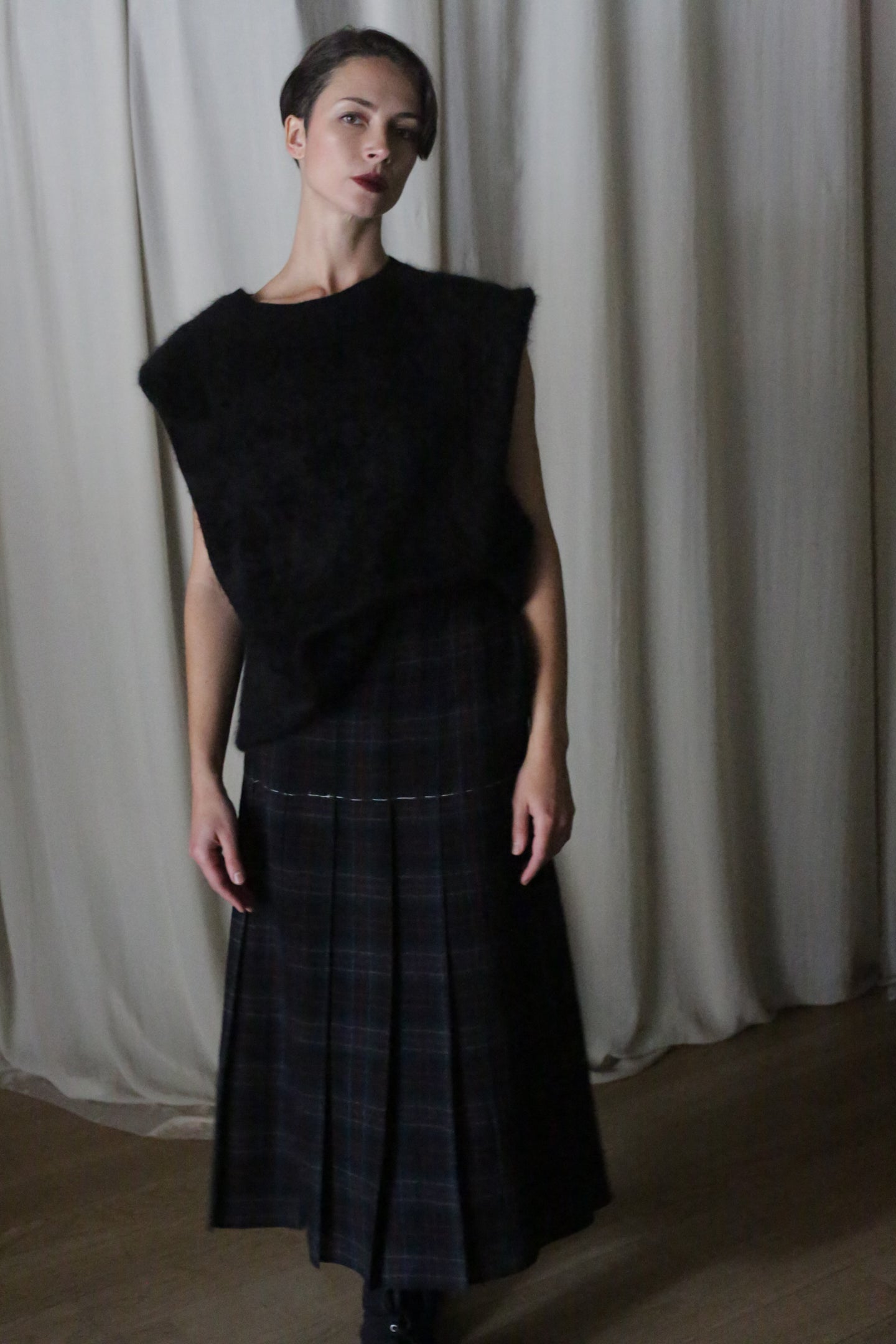 Hand Pleated Wrap Skirt | Japanese Wool Gauze Forest Plaid