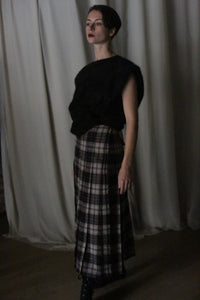 Hand Pleated Wrap Skirt | Japanese Wool Gauze Taupe Plaid