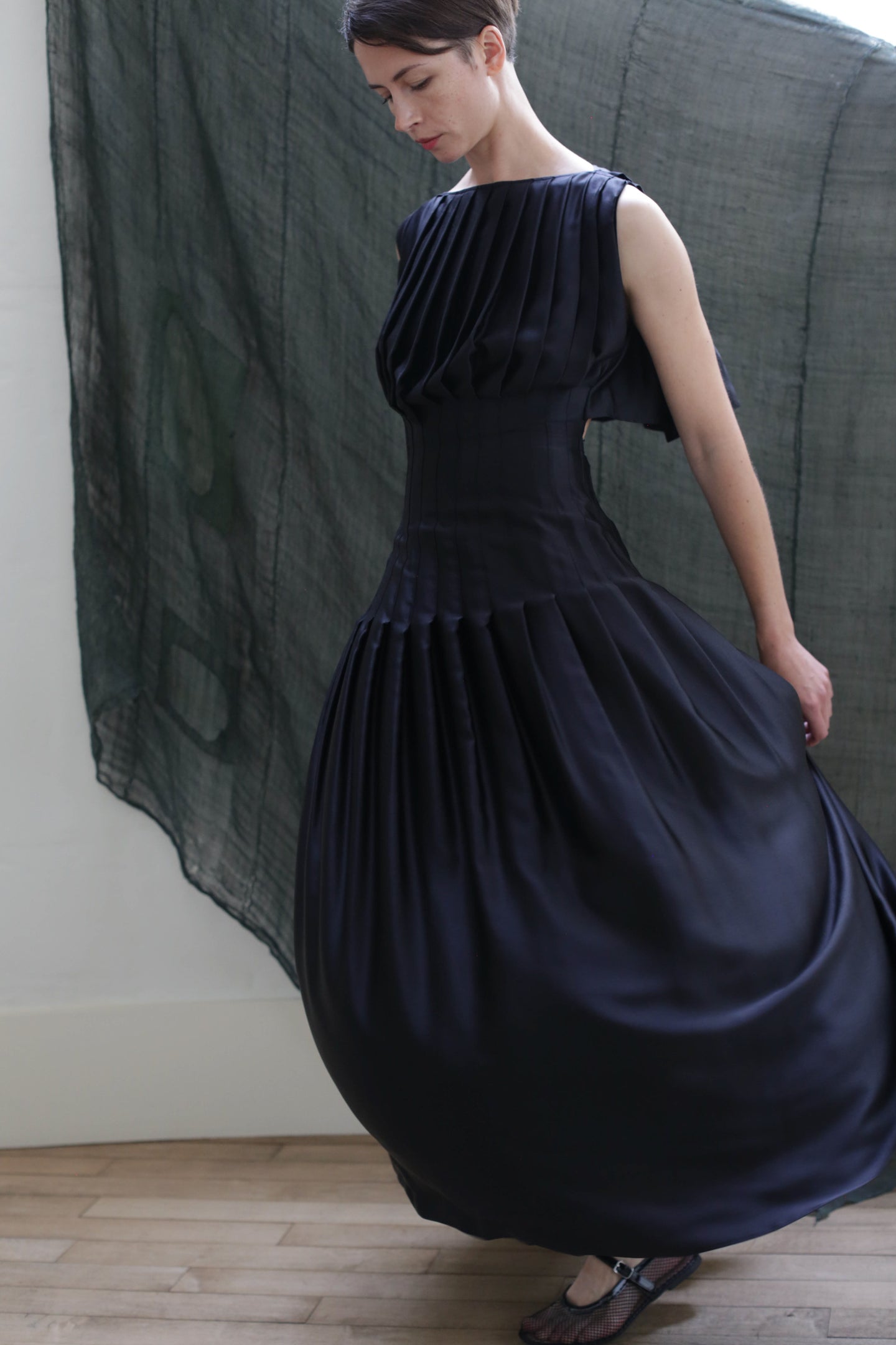 Hand Pleated Column Dress | Silk Charmeuse Black Lan Jaenicke Hand Pleated Column Dress | Silk Charmeuse Black Lan Jaenicke