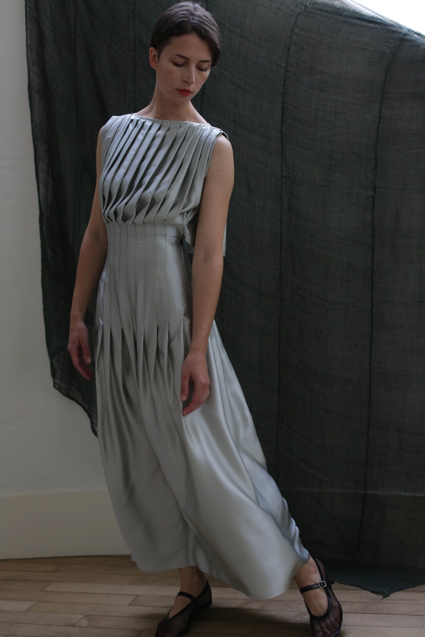 Hand Pleated Column Dress | Silk Charmeuse Celadon Lan Jaenicke Hand Pleated Column Dress | Silk Charmeuse Celadon Lan Jaenicke