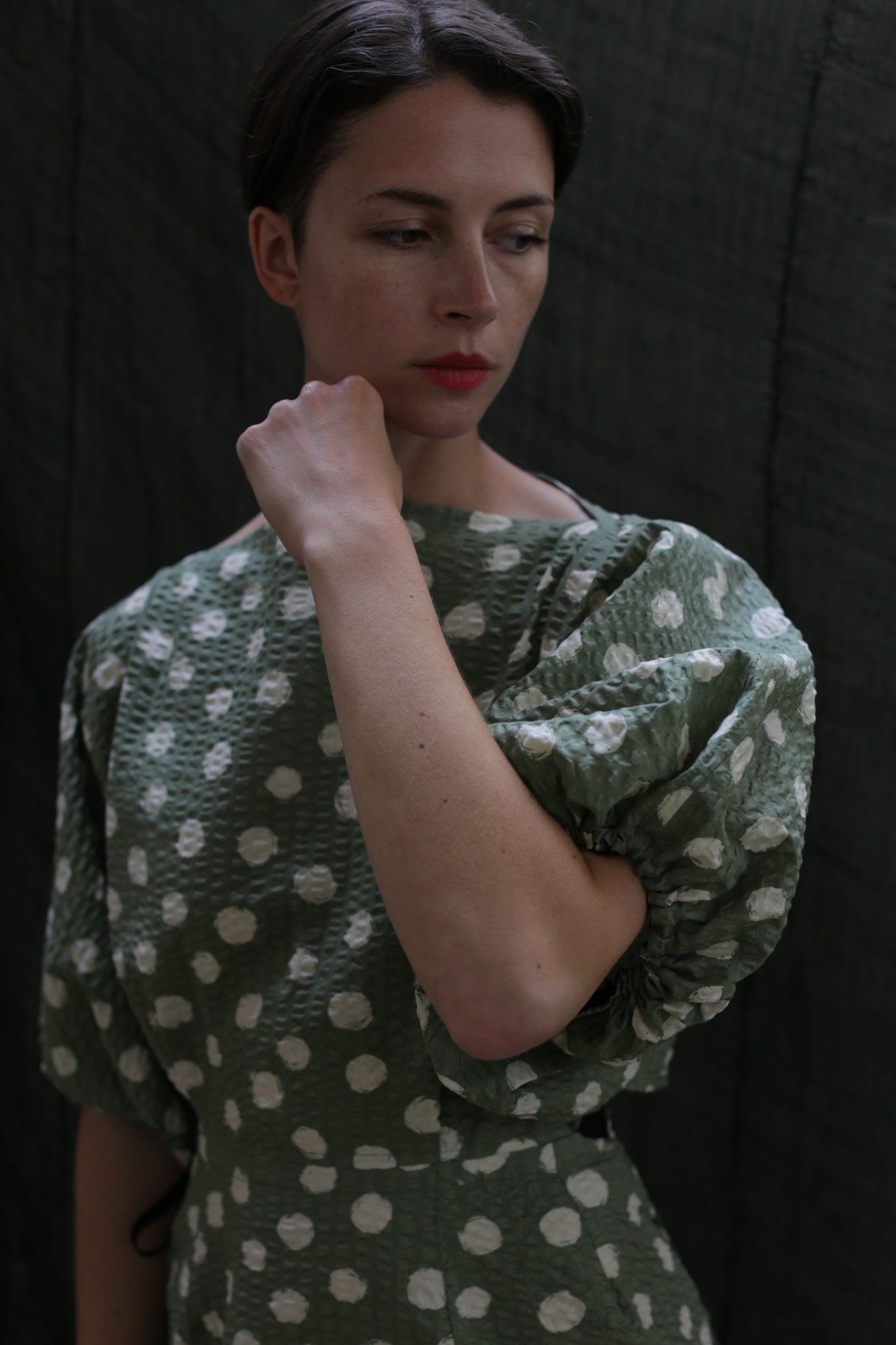Kimono Dress | Polkadot Seersucker Moss Lan Jaenicke Kimono Dress | Polkadot Seersucker Moss Lan Jaenicke