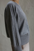 A person is wearing a grey, long-sleeved Raglan Crewneck Cashmere Sweater. The image is focused on the upper torso, showcasing the texture and relaxed fit of this wardrobe staple. The background is a plain, light-colored wall. The person's face is not visible.