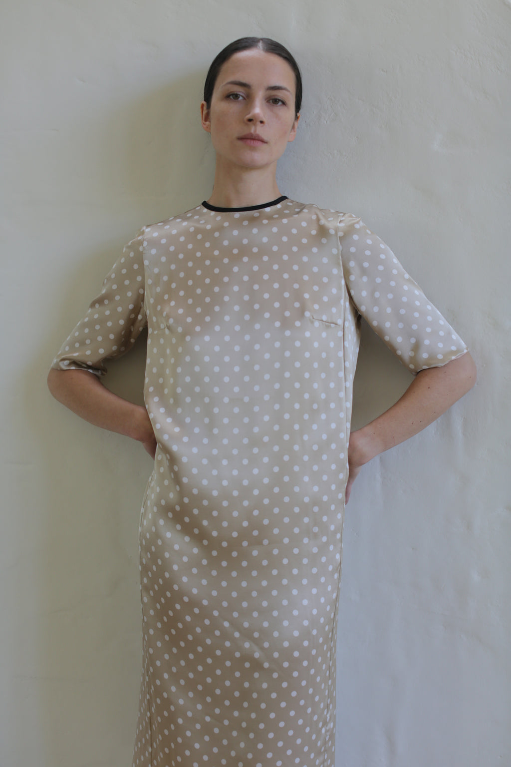 A person stands against a plain light-colored wall, wearing the Reversible Crewneck Dress. The dress, handmade in San Francisco, has short sleeves and a high neckline with dark trim. The individual has dark hair pulled back and has their hands on their hips, looking directly at the camera.