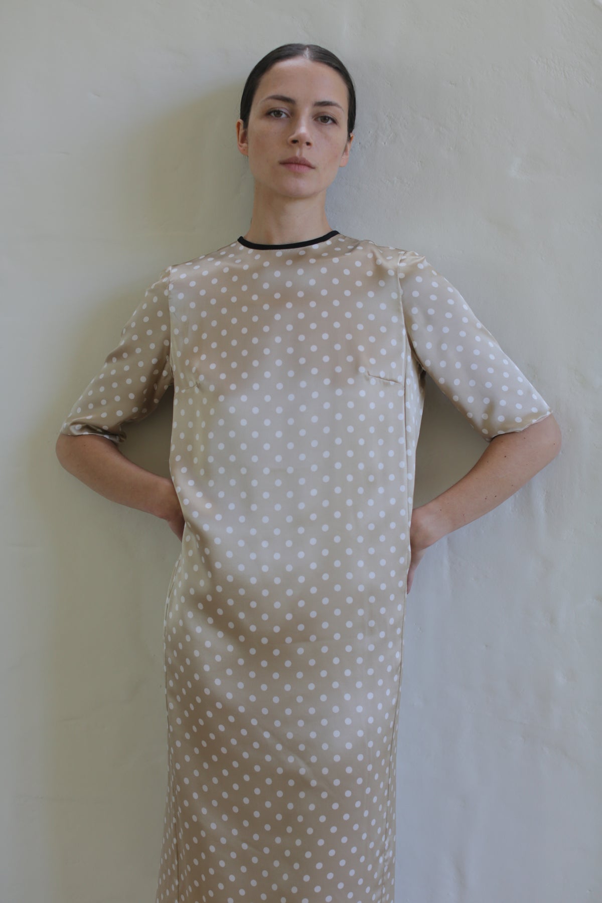 A person stands against a plain light-colored wall, wearing the Reversible Crewneck Dress. The dress, handmade in San Francisco, has short sleeves and a high neckline with dark trim. The individual has dark hair pulled back and has their hands on their hips, looking directly at the camera.