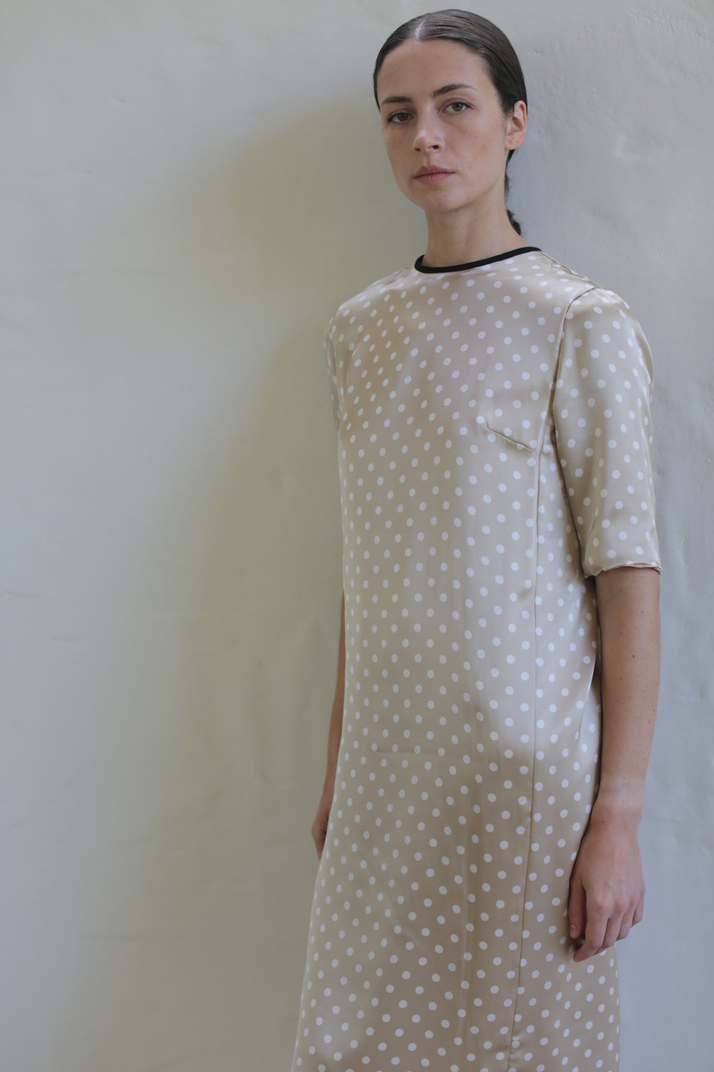 A woman with straight dark hair slicked back wears the Reversible Crewneck Dress with short sleeves and a small pocket on one side. Handmade in San Francisco, the silk charmeuse fabric drapes elegantly as she stands against a light-colored wall, looking directly at the camera with a neutral expression.