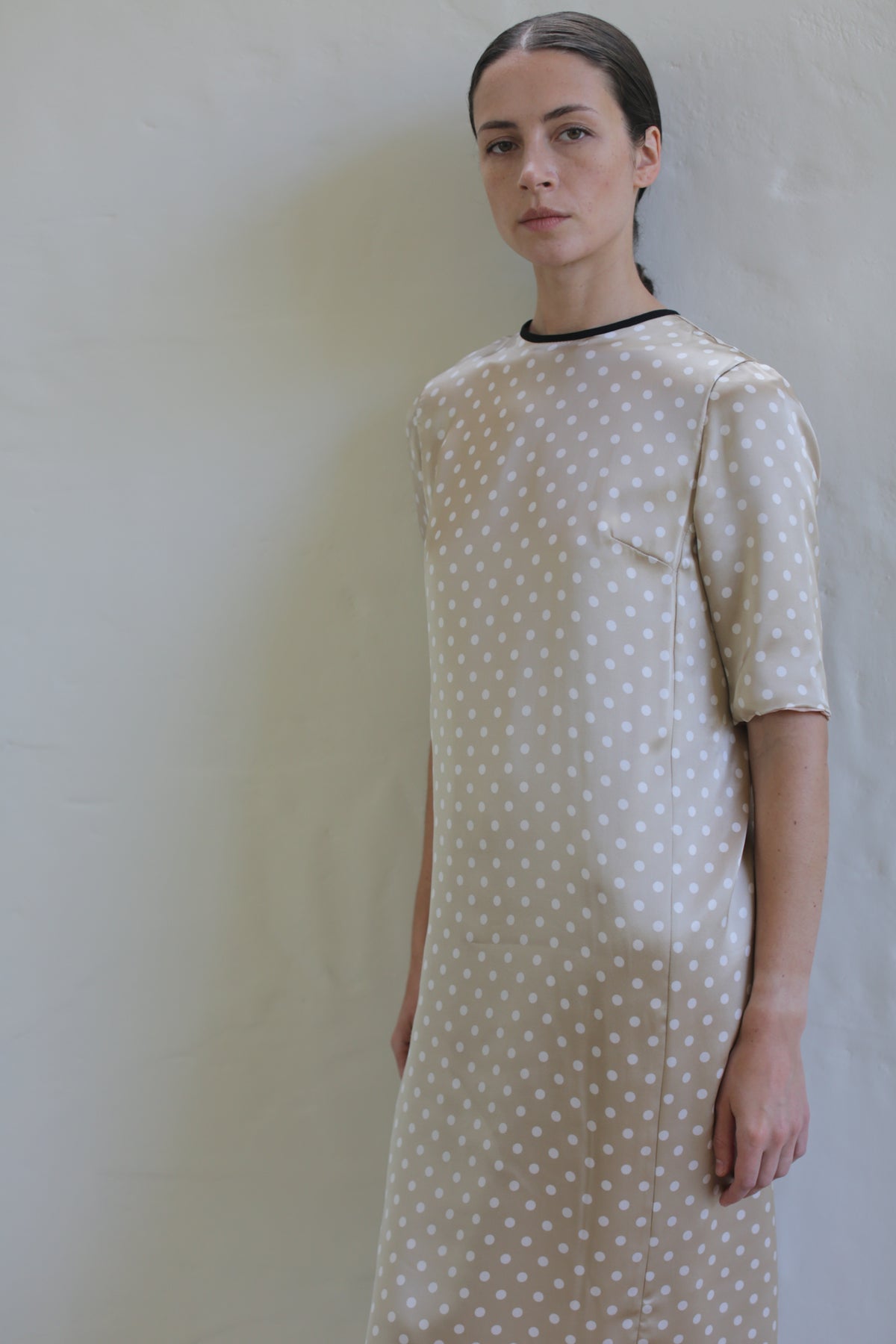 A woman with straight dark hair slicked back wears the Reversible Crewneck Dress with short sleeves and a small pocket on one side. Handmade in San Francisco, the silk charmeuse fabric drapes elegantly as she stands against a light-colored wall, looking directly at the camera with a neutral expression.