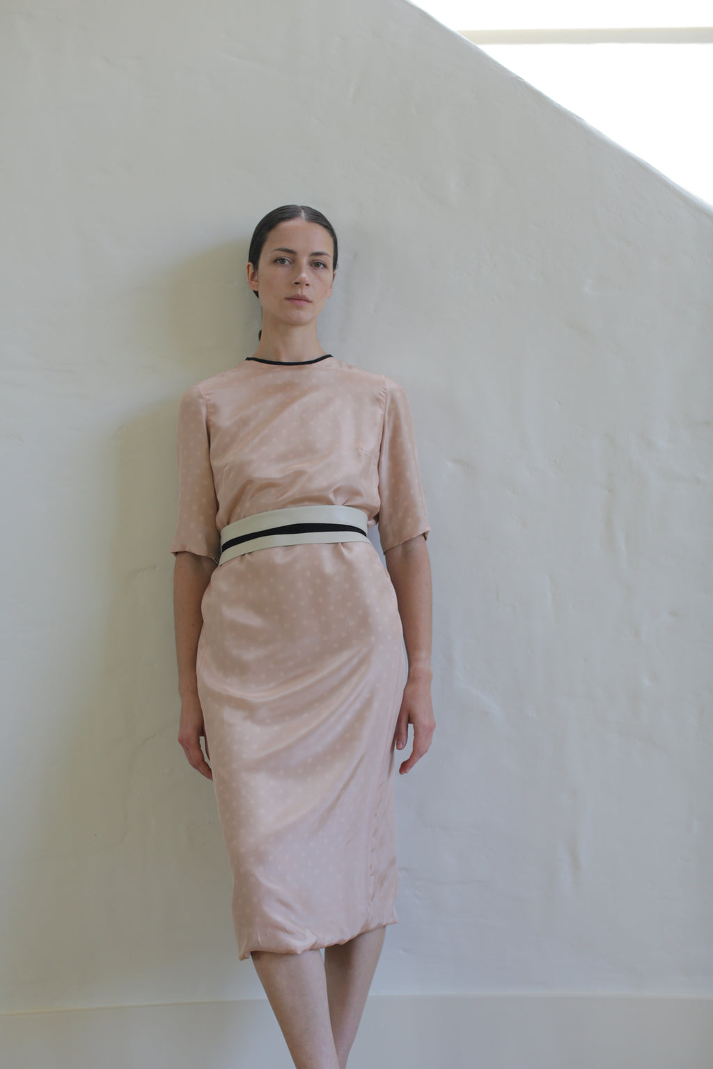 A woman in a beige, short-sleeved, knee-length Reversible Crewneck Dress stands against a light-colored wall. She looks directly at the camera with a neutral expression. The handmade in San Francisco dress features subtle polka dots and a white belt with black trim at the waist.