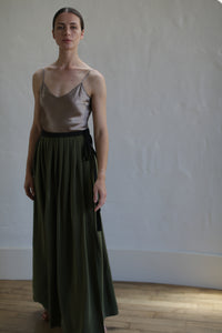 Silk Pleated Long Wrap Skirt | Olive