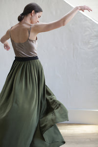 Silk Pleated Long Wrap Skirt | Olive