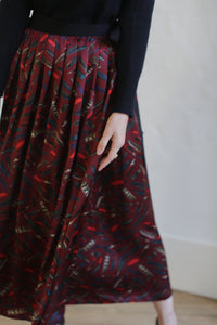 Silk Charmeuse Pleated Wrap Skirt | Feather Print Burgundy