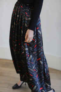 Silk Charmeuse Pleated Wrap Skirt | Feather Print Black