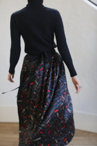 Silk Charmeuse Pleated Wrap Skirt | Feather Print Black
