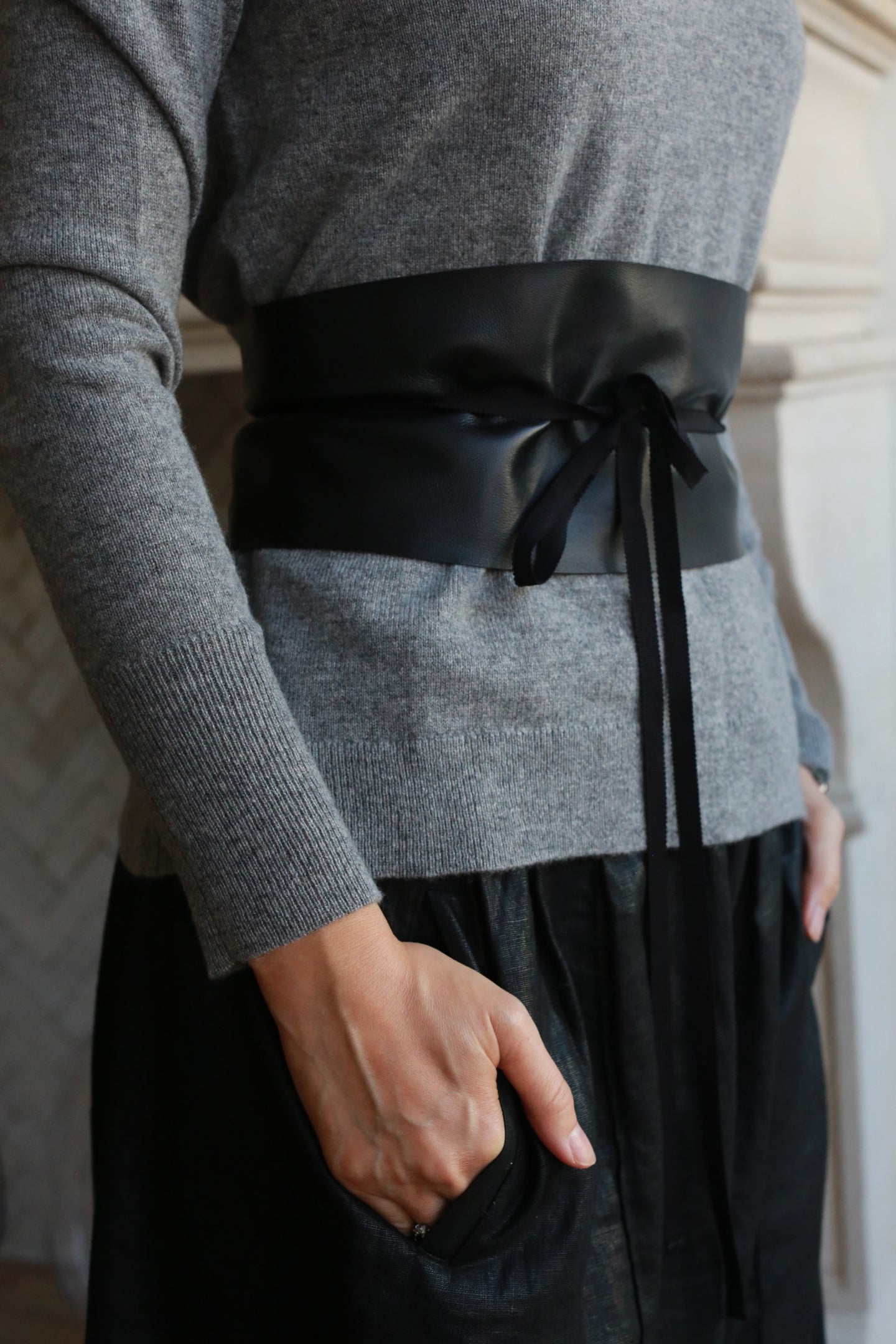 Leather Obi with Grosgrain Ribbon